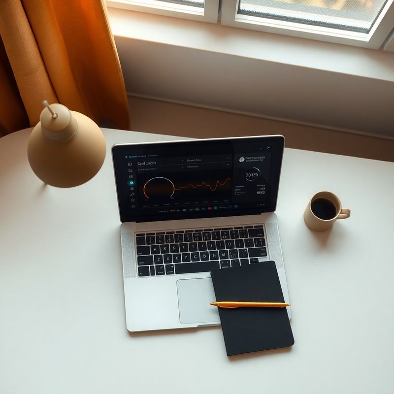 Birou curat cu laptop afișând un dashboard întunecat